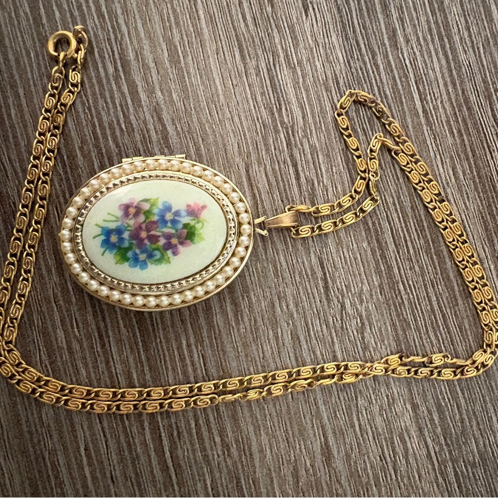 Gold Pearl-Trim Floral Porcelain Pendant Locket Necklace - Avon Women’s Jewelry